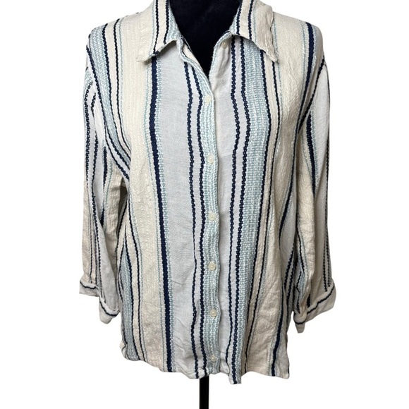 Elan | Cream and Blue Striped Button-Down Shirt with Embroidery | Sz S - Picture 1 of 7